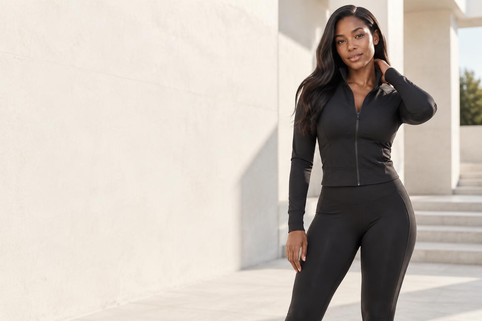 Activewear campaign featuring a woman in a black athletic set